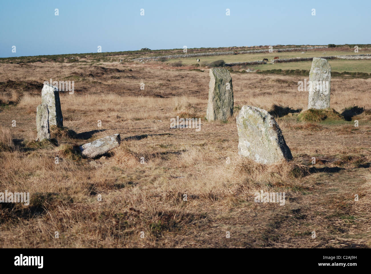 Nove di fanciulle Standing stone circle Cornwall. Foto Stock