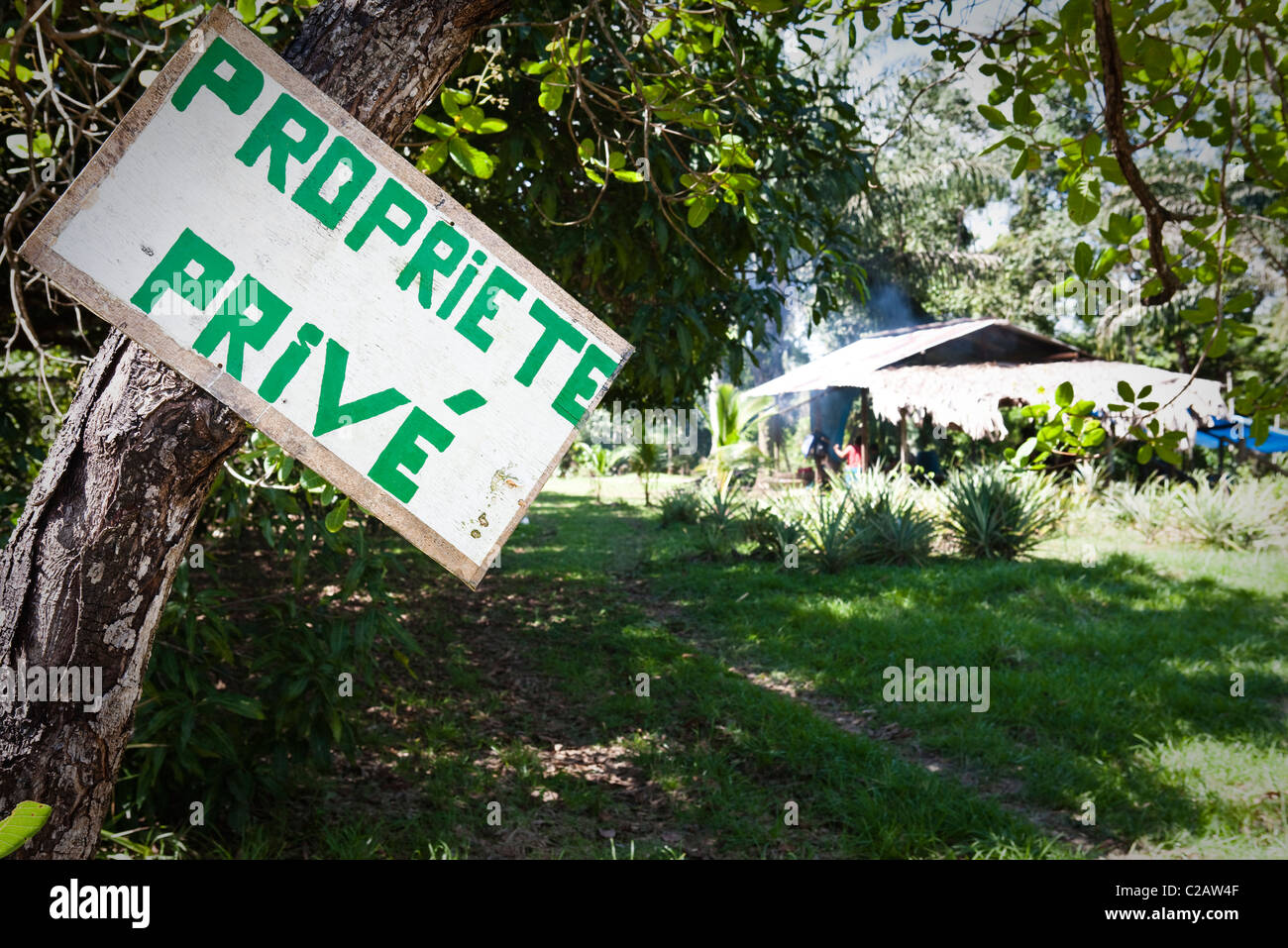 La proprietà privata segno inviato su albero di fronte housee, Amazon, Sud America Foto Stock