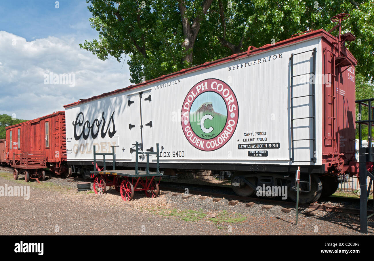 Colorado, Golden, Colorado Railroad Museum, con boxcar Coors Brewing Co. iscrizioni Foto Stock