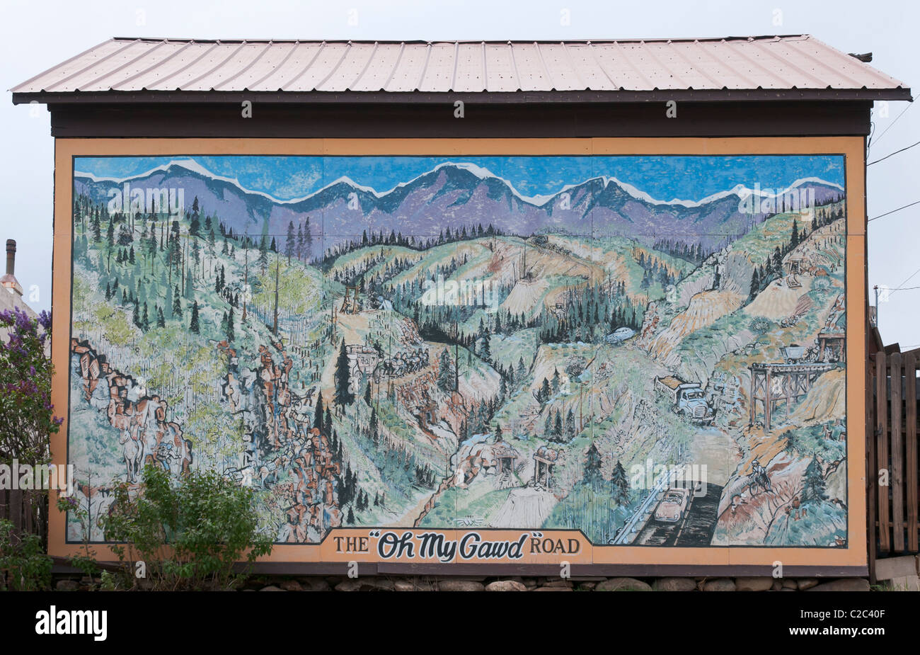 "Oh-My-Gawd Road' mining strada costruita nel 1870 tra Idaho molle e Central City Colorado, Birds Eye View mappa di segno Foto Stock