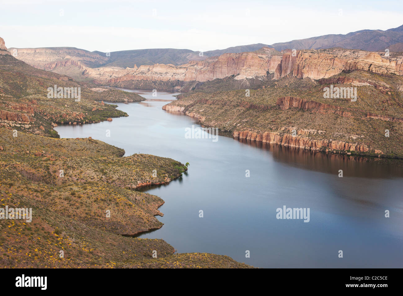 VISTA AEREA. Riserva sul fiume Salt che fornisce acqua per Phoenix assetato. Apache Lake, Maricopa County, Arizona, Stati Uniti. Foto Stock