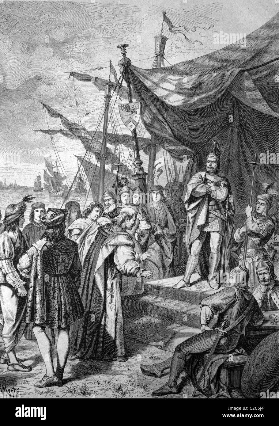 Pietro Doria respingendo la supplica di ambasciatore veneziano per la pace in seguito all'assedio di Venezia, storica illustrazione, Foto Stock