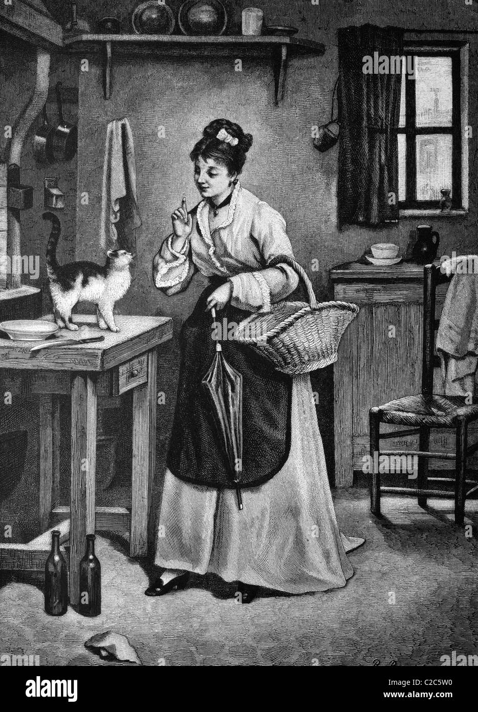 Donna ammonimento di un gatto, illustrazione storico, circa 1886 Foto Stock
