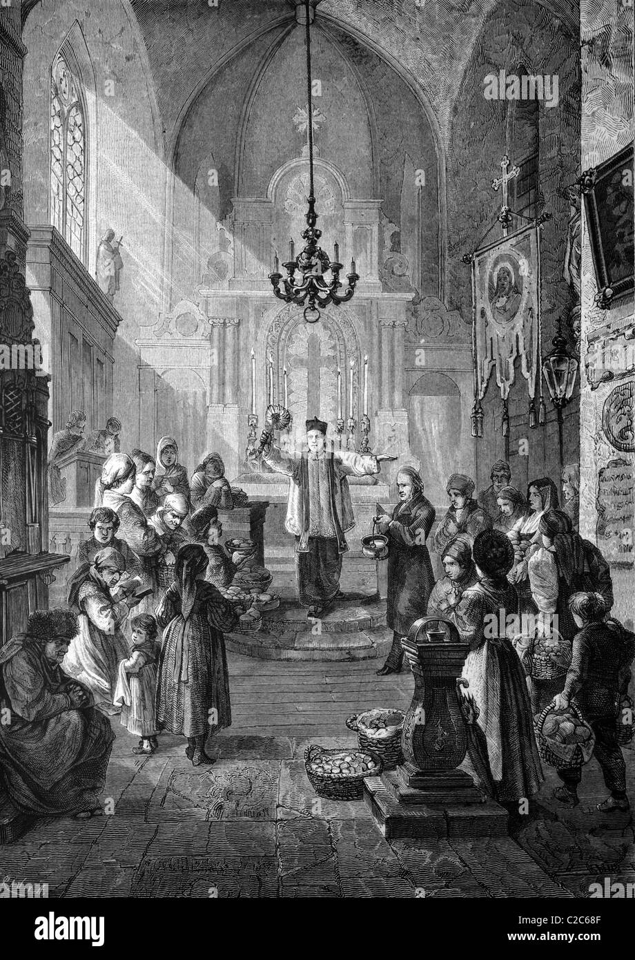 Consacrazione della Pasqua il cibo in una chiesa cattolica in Baviera, Germania, storico illustrazione, circa 1886 Foto Stock Consacrazione della Pasqua il cibo in una chiesa cattolica in Baviera, Germania, storico illustrazione, circa 1886 Foto Stock