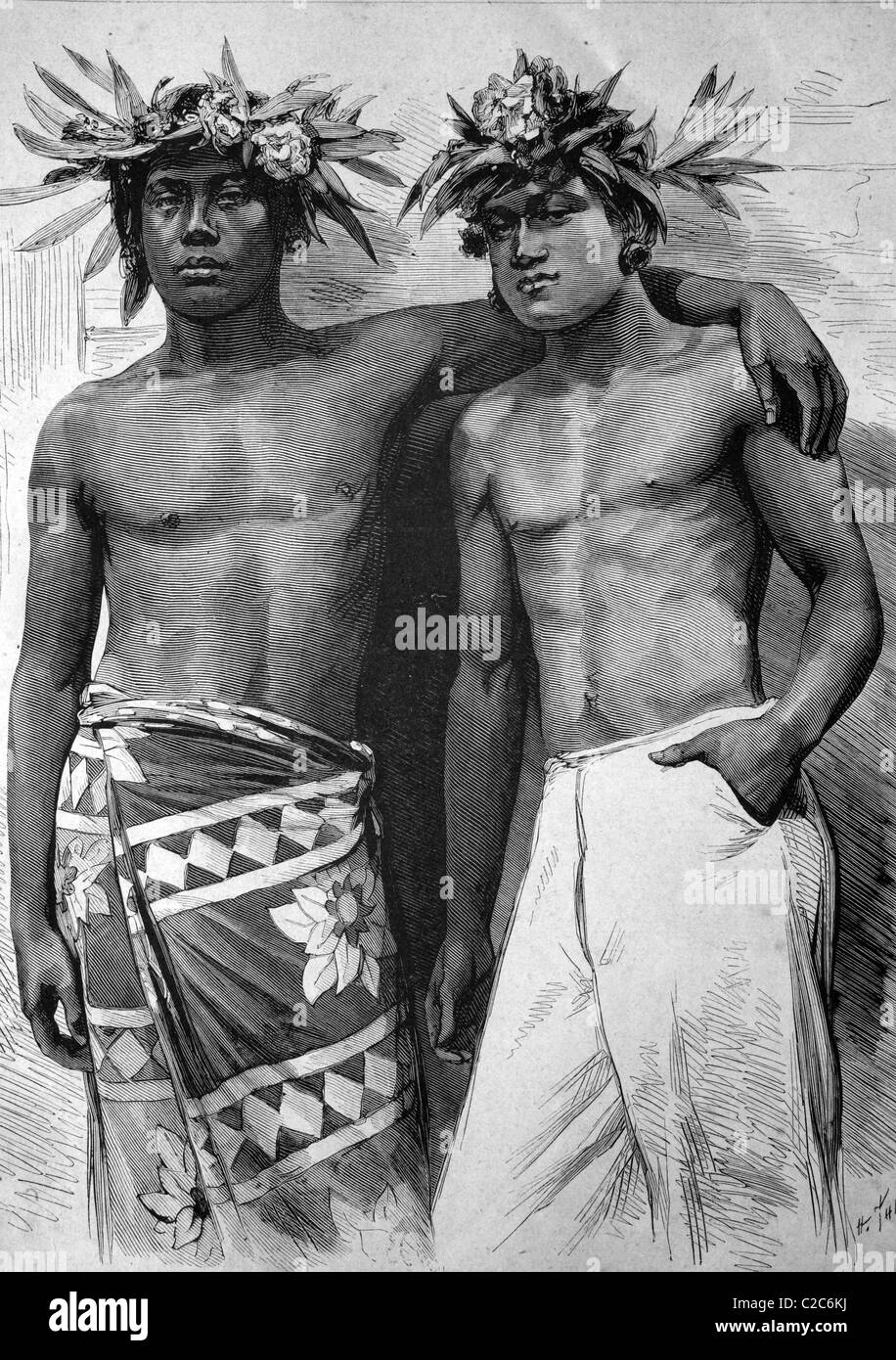Nativi di Tahiti, storico illustrazione, circa 1886 Foto Stock