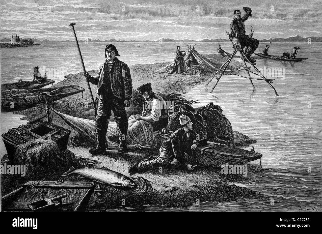 I pescatori su un'isola del fiume Reno, Germania, storico illustrazione, circa 1886 Foto Stock