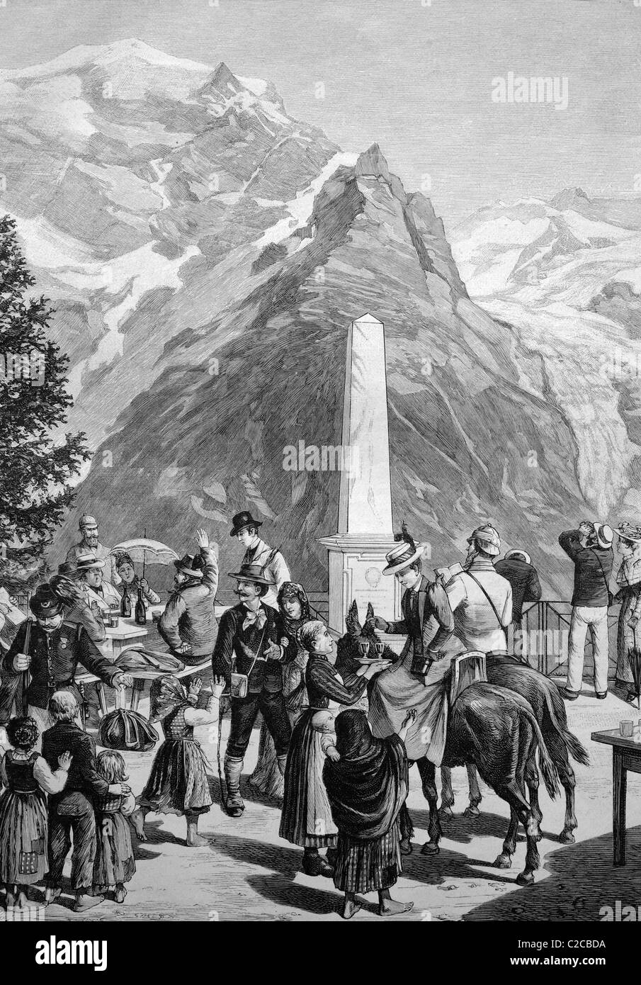 I viaggiatori pausa al White Knott sul Passo dello Stelvio, Italia, illustrazione storico, ca. 1893 Foto Stock