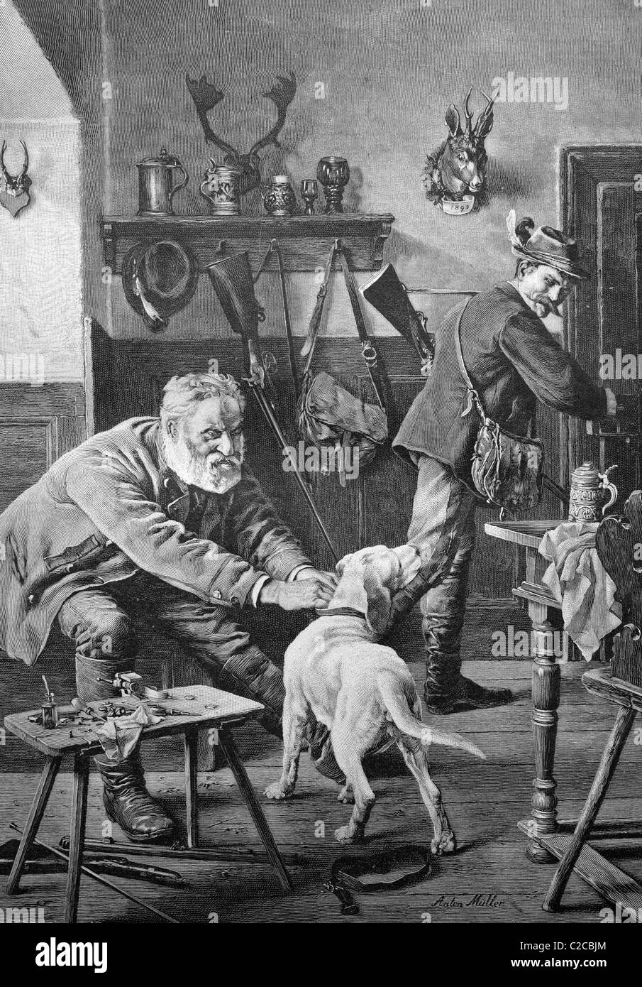 Cacciatori con un cane preparando per andare a caccia, illustrazione storico, ca. 1893 Foto Stock