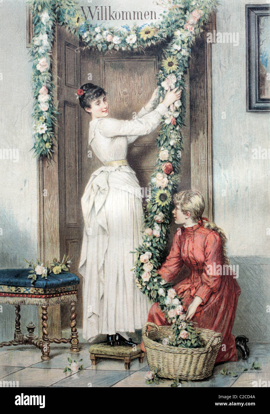 Decorazione di benvenuto sono appesi su una porta, illustrazione storico circa 1893 Foto Stock