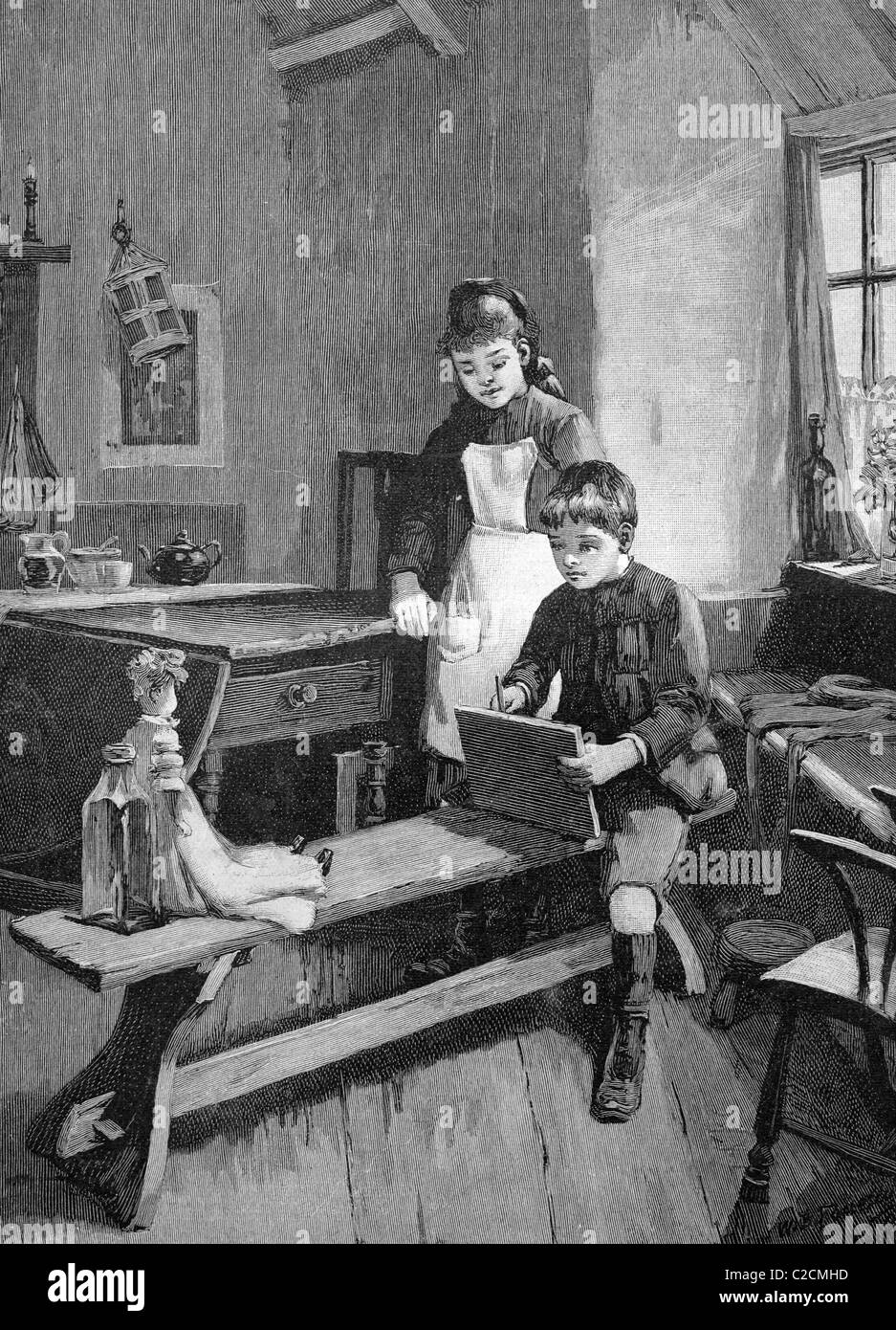 Disegno del ragazzo la sorella doll, illustrazione storico circa 1893 Foto Stock
