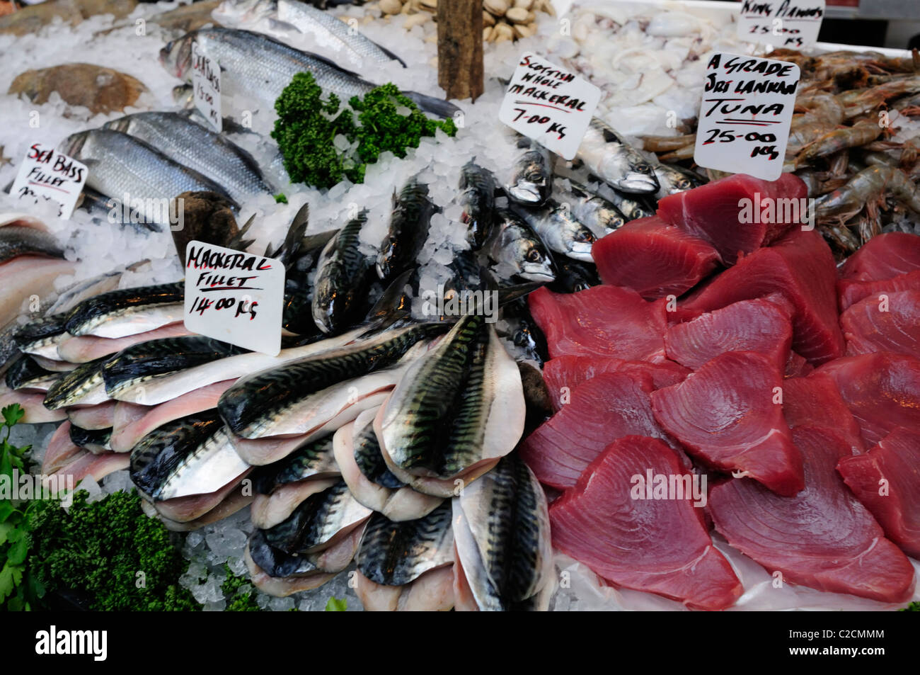 Sgombri e dello Sri Lanka di Tonno su un pescivendoli stallo a Borough Market, Southwark, Londra, Inghilterra, Regno Unito Foto Stock