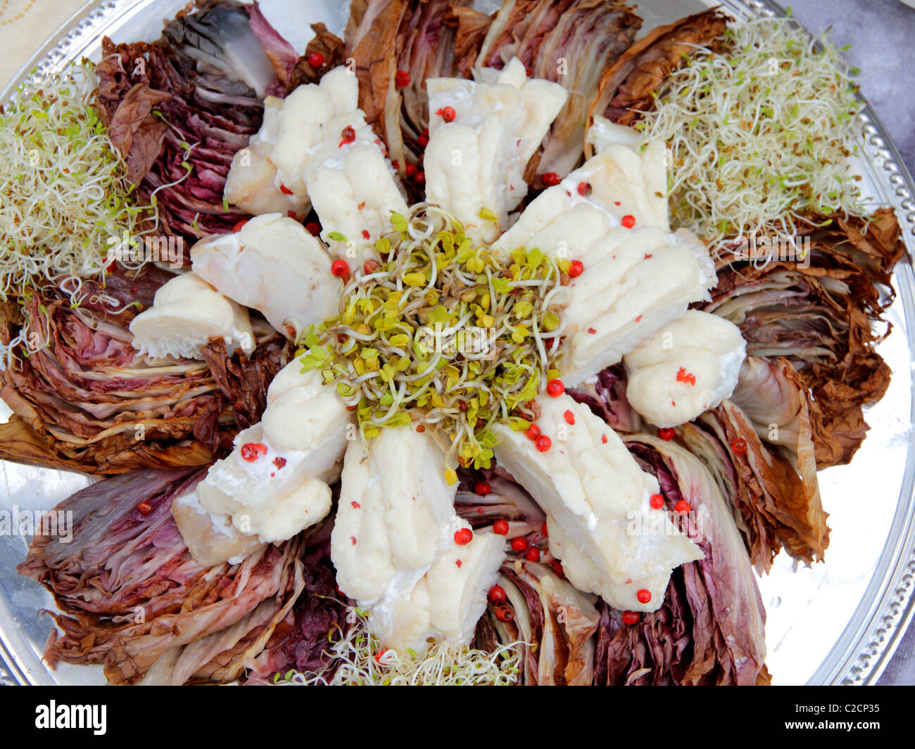 Parte di una nuova creazione di insalata con formaggio camembert,Red Pepper corn lollo rosso lattuga e germi di erba medica visto dall'alto Foto Stock