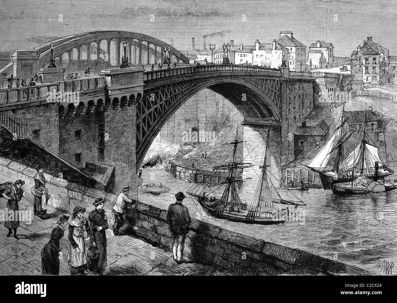 Sunderland il ponte sul fiume usura, Inghilterra, storica immagine, 1883 Foto Stock