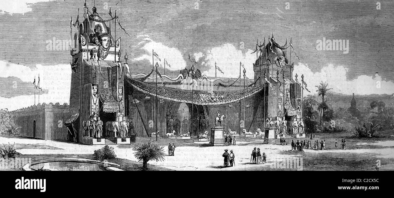La costruzione del coloniale internazionale mostra a Amsterdam, Paesi Bassi, storica immagine, 1883 Foto Stock