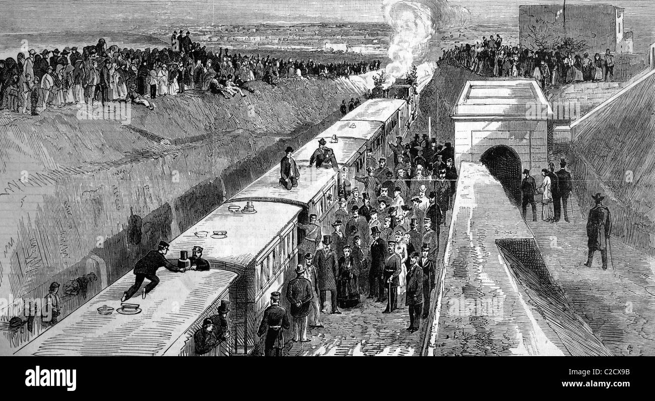 Apertura di una linea ferroviaria in Malta da Valletta a Citta Vecchia, storica immagine, 1883 Foto Stock