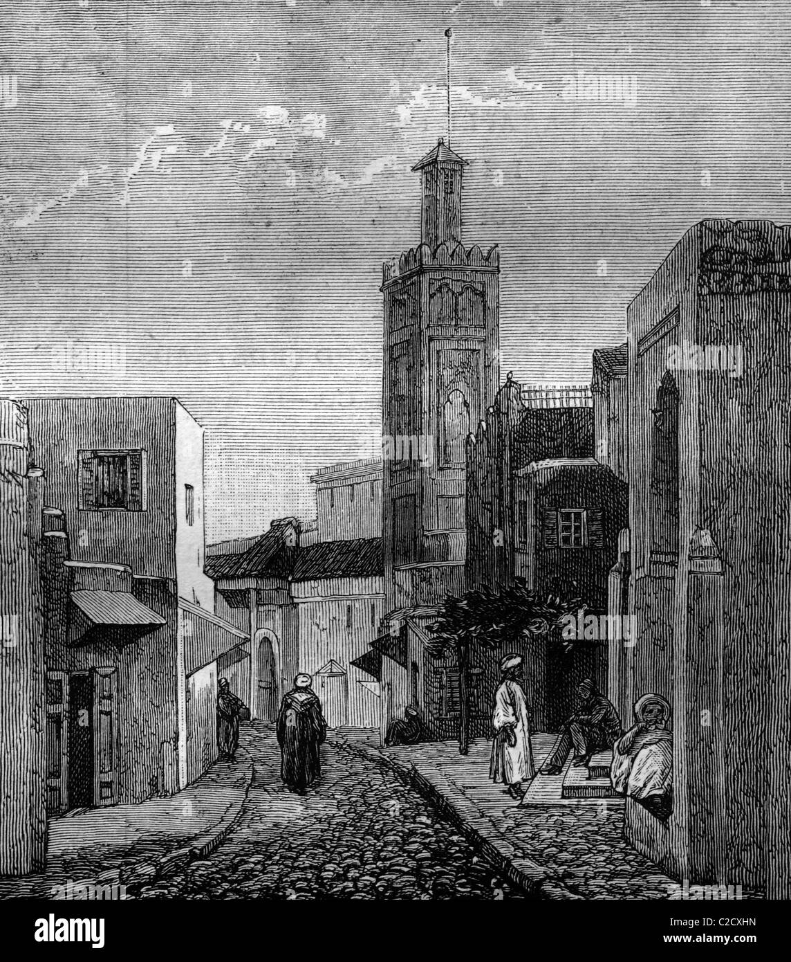 Una moschea e street a Tangeri, Marocco, storica immagine, 1883 Foto Stock