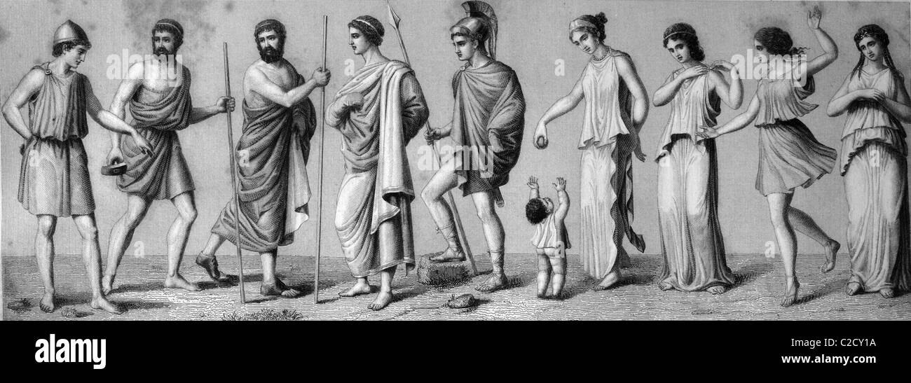 Costumi greci: da sinistra, 1. chiton 2. exomis 3./4. himation 5. chlamys 6. i bambini del vestito 7./8. Donna chiton 9. Chito dorico Foto Stock