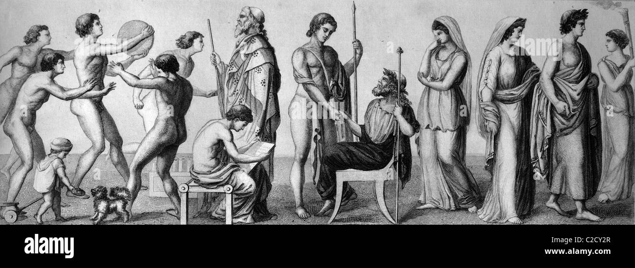 La vita in Grecia antica, da sinistra: l'infanzia, di esercizi ginnici, studi, insegnante, ospitalità, matrimonio, storico illustrat Foto Stock