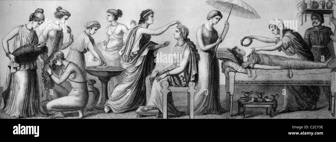 La vita in Grecia antica, da sinistra: una donna di vita, lamento funebre, illustrazione storico Foto Stock