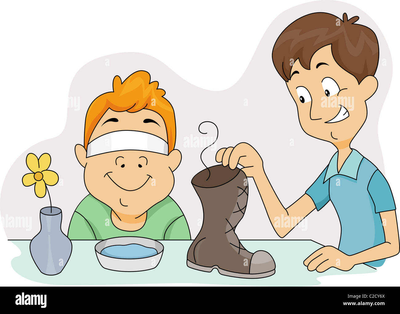 Illustrazione di un ragazzo che sta per annusare una scarpa maleodoranti Foto Stock
