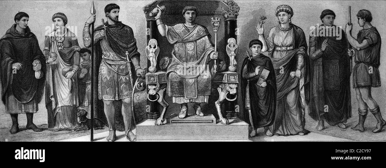 Moda, costumi da tempi antichi a Roma, da sinistra: due costumi Rhenish-Roman, commander circa 430, tardo romana, consolare P Foto Stock