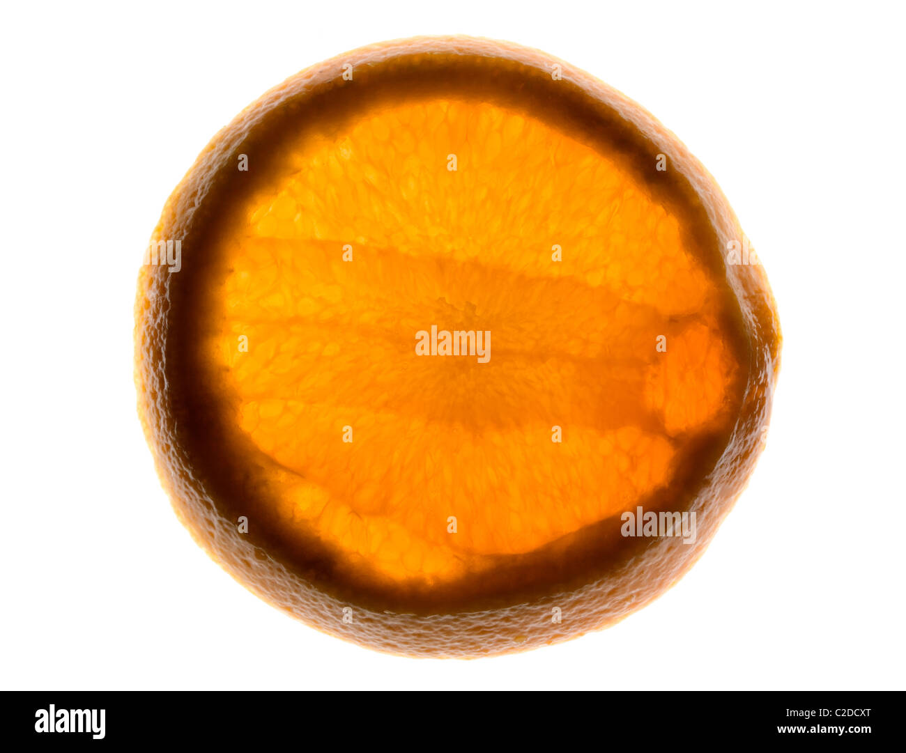 Immagine retroilluminata di una fetta d'arancia Foto Stock