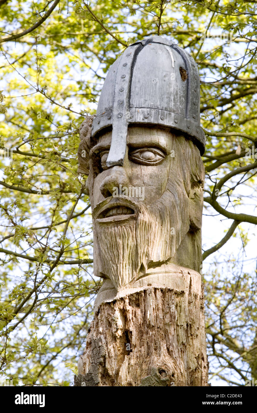 Una figura di un sassoni testa tagliata in un albero morto tronco in un country park in Essex, Inghilterra. La figura mostra i danni causati da picchi Foto Stock