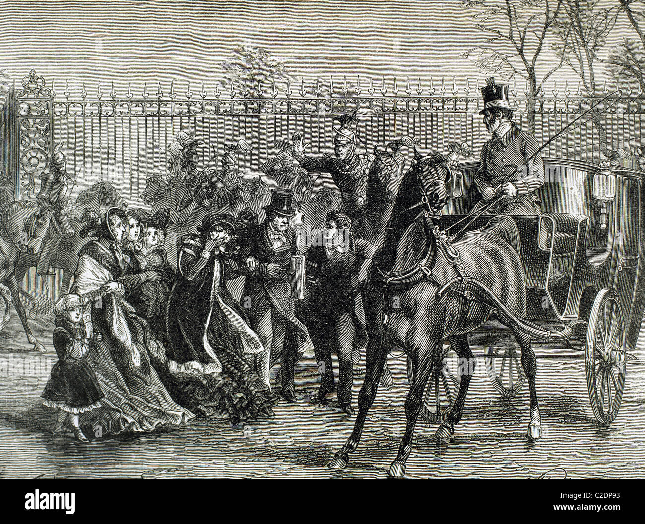 Il francese rivoluzione liberale (febbraio 1848). Louis Philippe e la sua famiglia al di fuori del palazzo delle Tuileries. Foto Stock