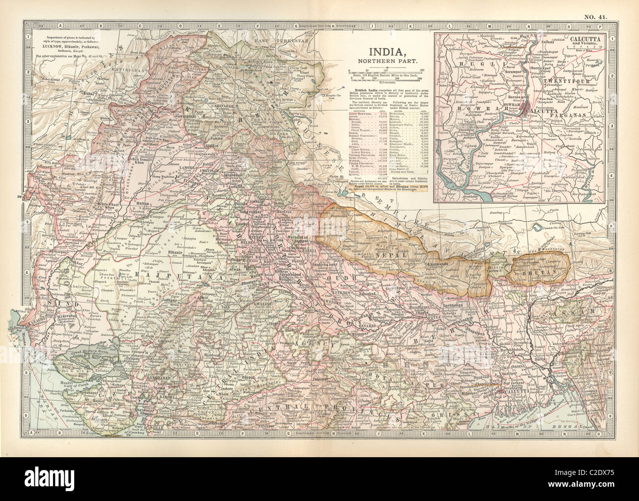 Mappa di India del nord con Calcutta Foto Stock