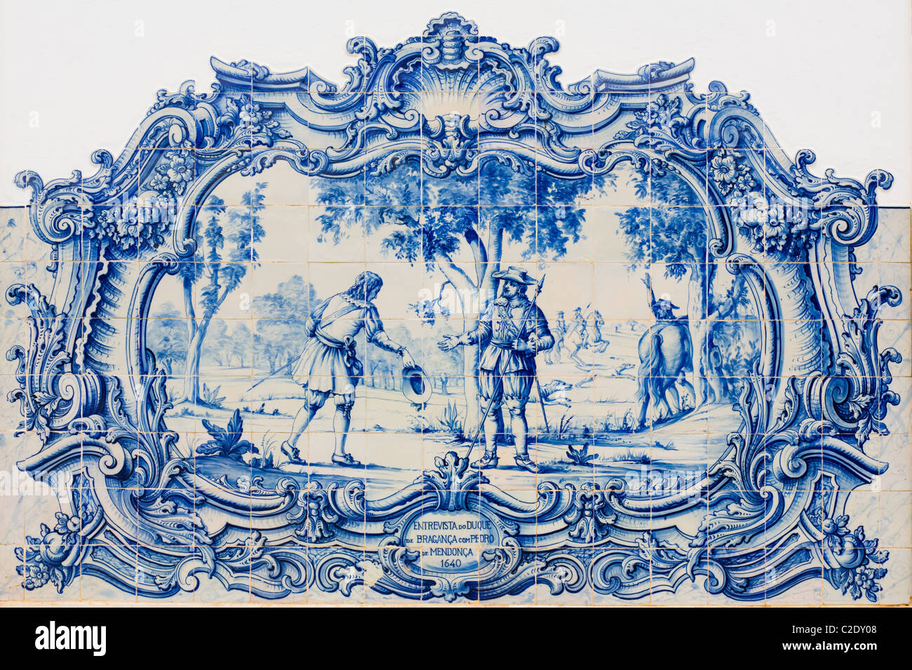 Il duca di Bragança storia illustrata in piastrelle (azulejos) al Museo del Marmo, Vila Viçosa, Portogallo Foto Stock
