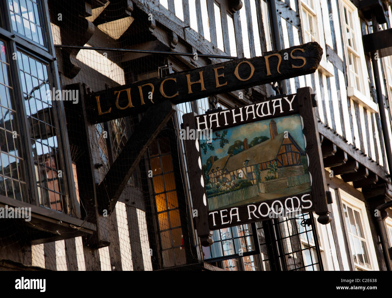 La HATHAWAY sala da tè strada segno, Stratford upon Avon, INGHILTERRA Foto Stock