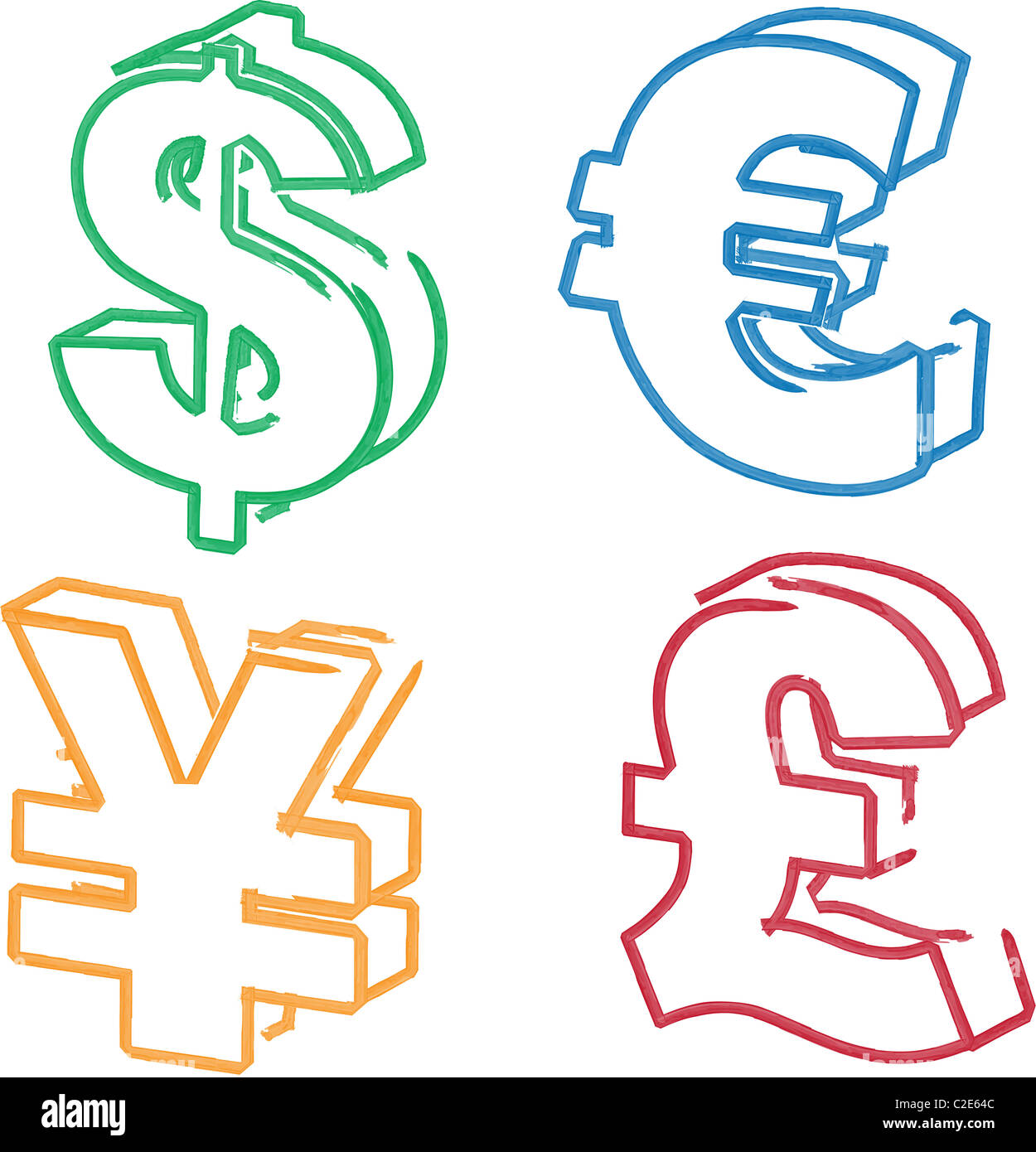 Simbolo di valuta illustrazione whiteboard disegnati a mano: dollaro, euro, yen, sterlina Foto Stock