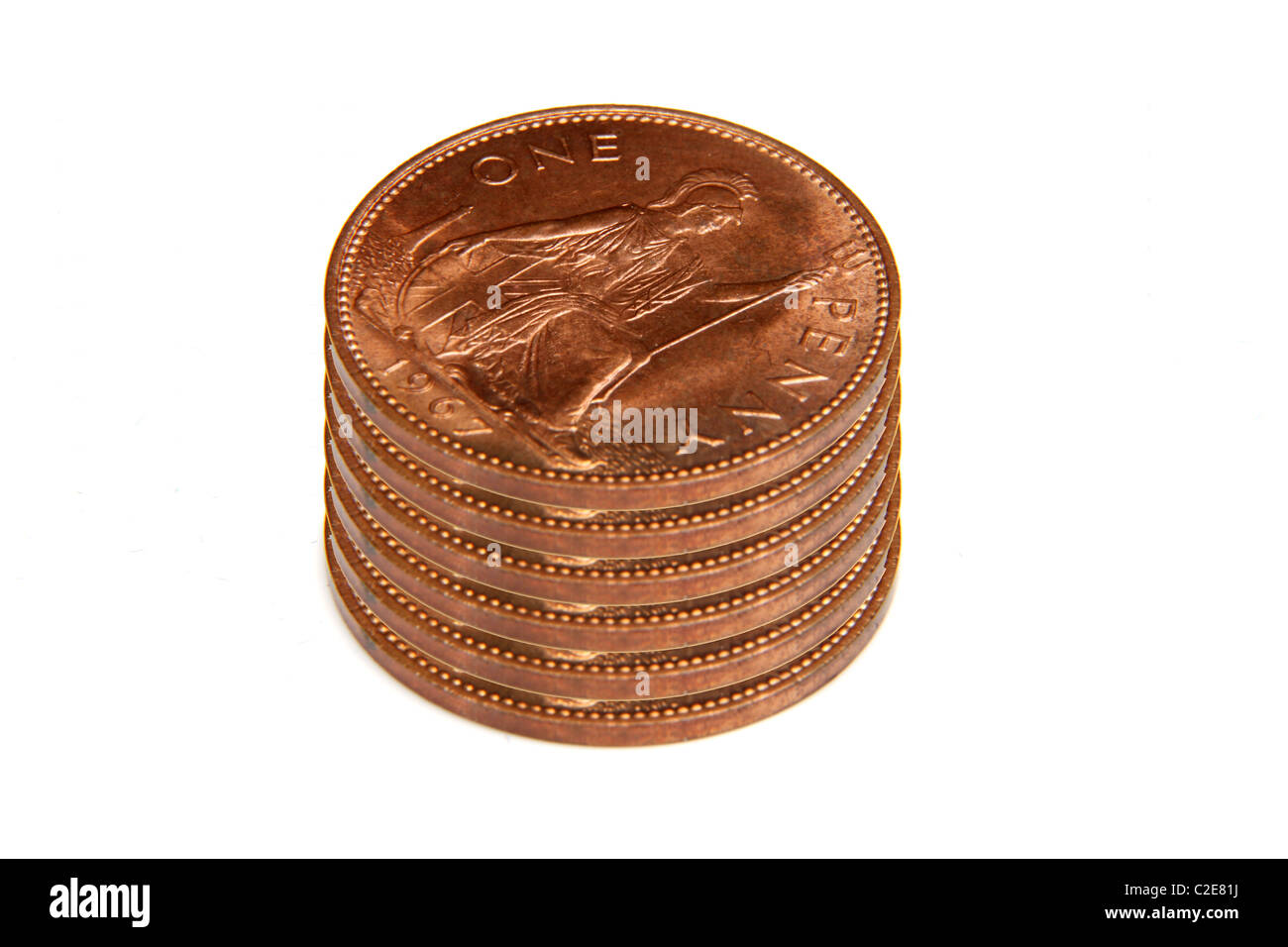 Sei 1d penny di vecchie monete impilate, pre-decimale moneta DEL REGNO UNITO. Foto Stock