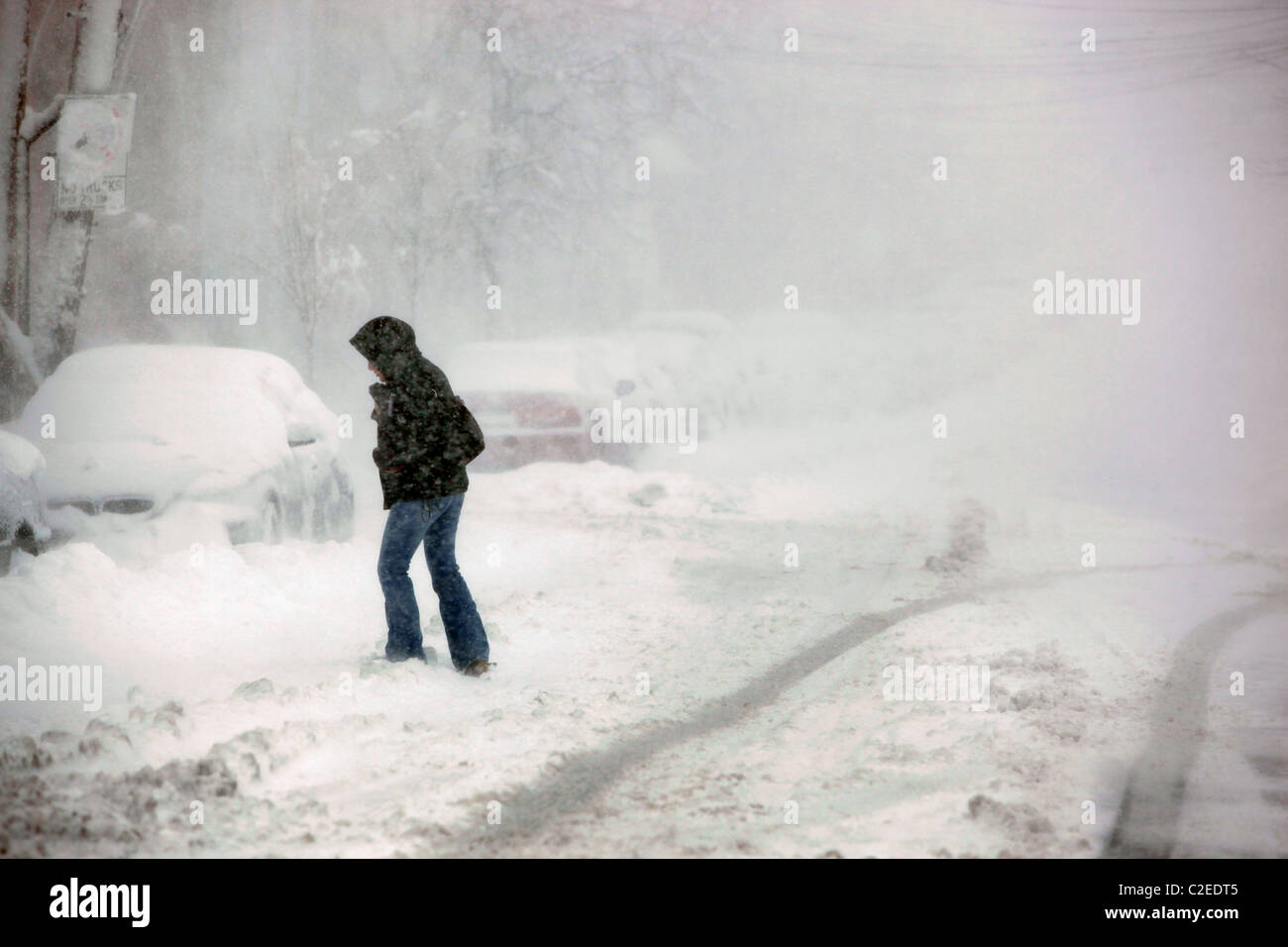 Una donna che attraversa una coperta di neve street durante una tempesta di  neve di Boston Massachusetts Foto stock - Alamy