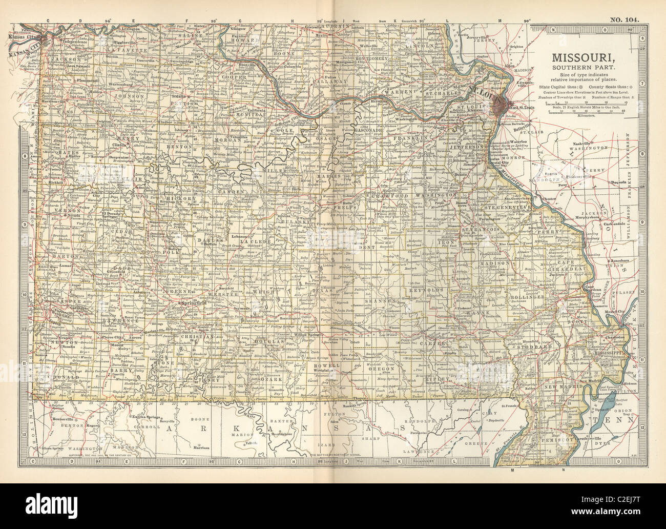 Mappa della parte meridionale del Missouri Foto Stock