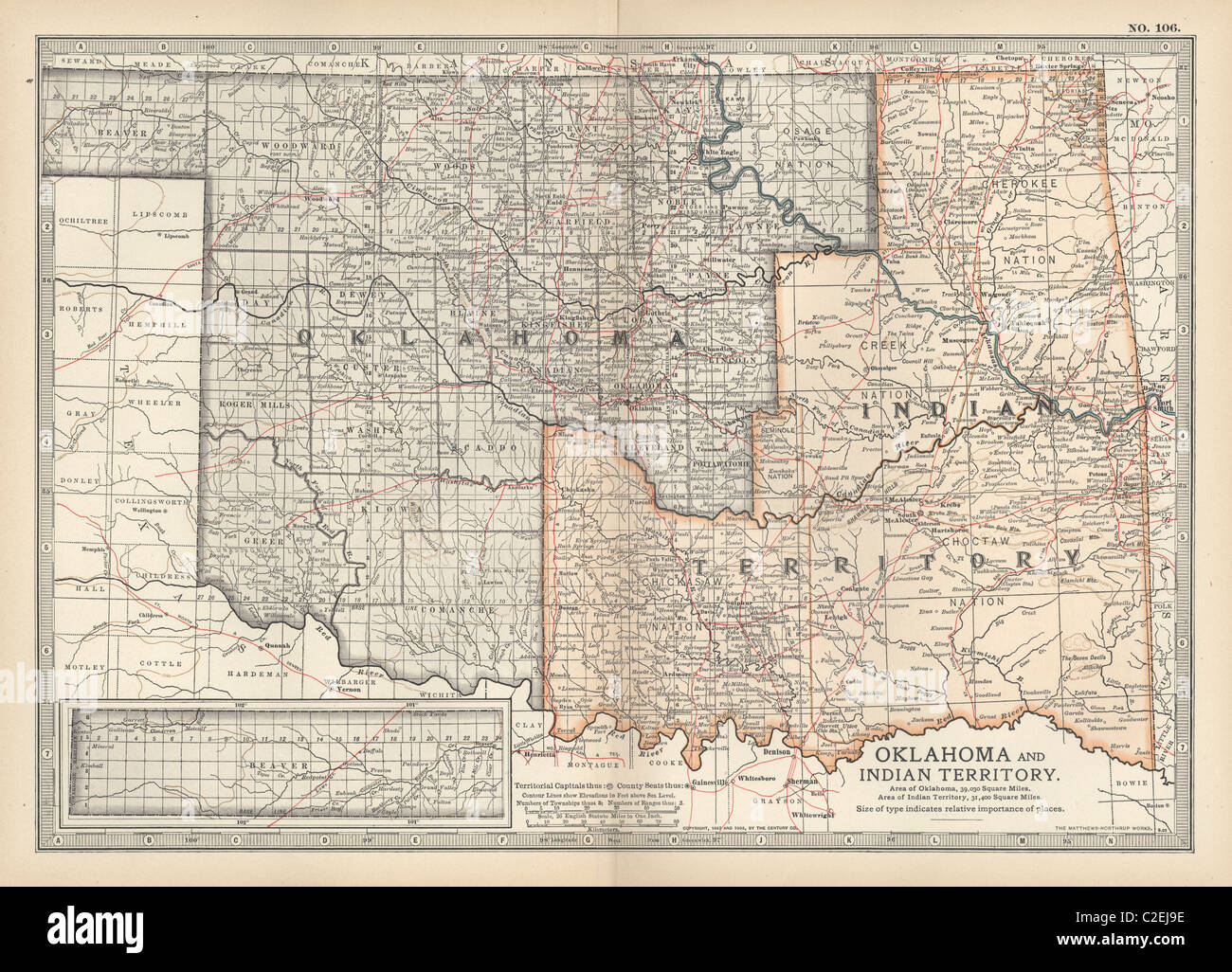 Mappa di Oklahoma e il territorio indiano Foto Stock