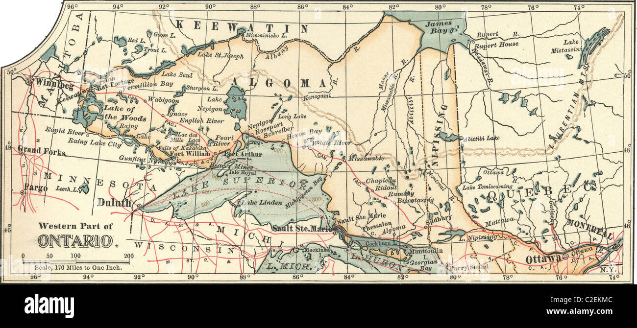 Mappa della parte occidentale di Ontario, Canada Foto Stock