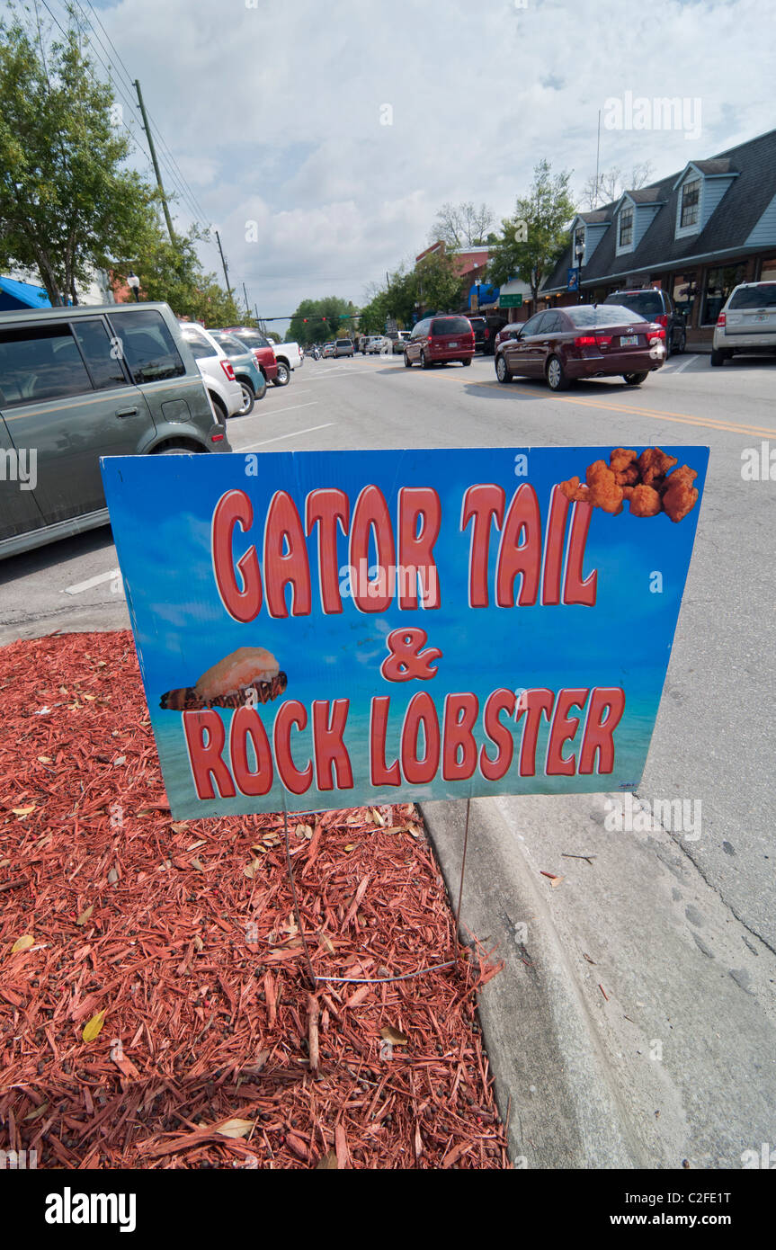 Firmare la vendita di coda Gator e rock lobster lungo il centro cittadino di strada principale durante i giorni di Pioneer High Springs Florida Foto Stock