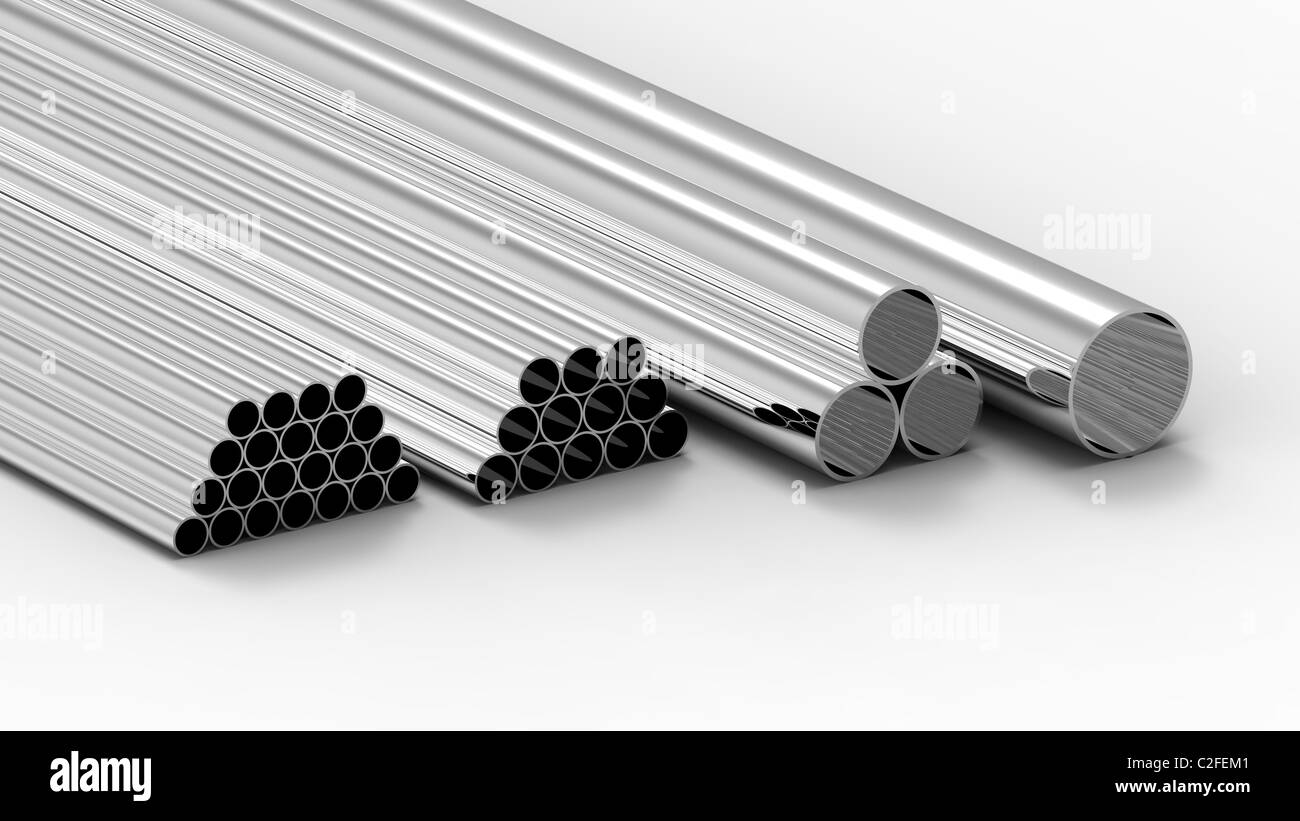 Pila di tubi metallici isolati su bianco 3D render Foto Stock
