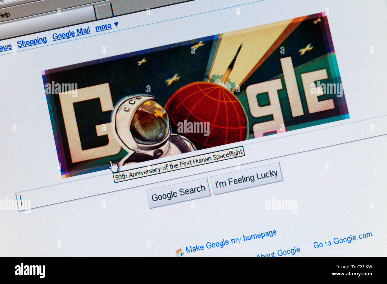 Il motore di ricerca Google sito web front page per celebrare il cinquantesimo anniversario del primo volo spaziale umano da Yuri Gagarin Foto Stock