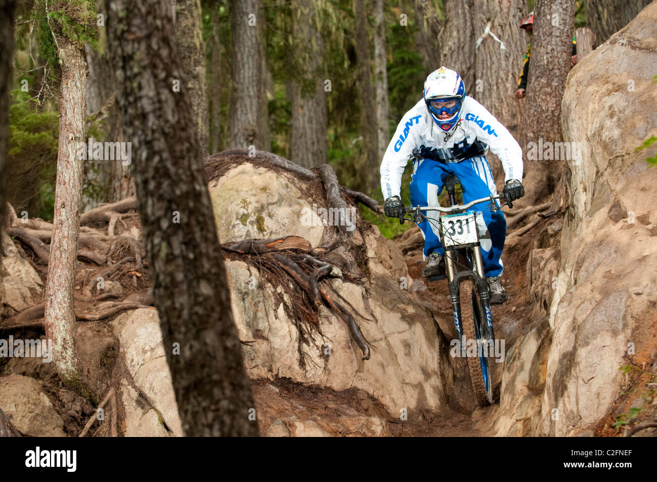 Garbanzo DH Mountain Bike Race al Crankworx Mountain Bike Festival in Whistler, BC, Canada Foto Stock
