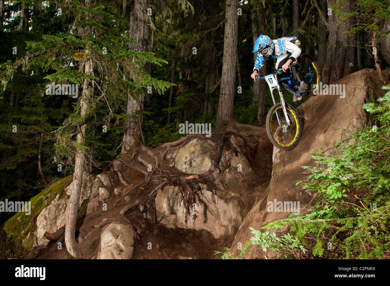 Garbanzo DH Mountain Bike Race al Crankworx Mountain Bike Festival in Whistler, BC, Canada Foto Stock