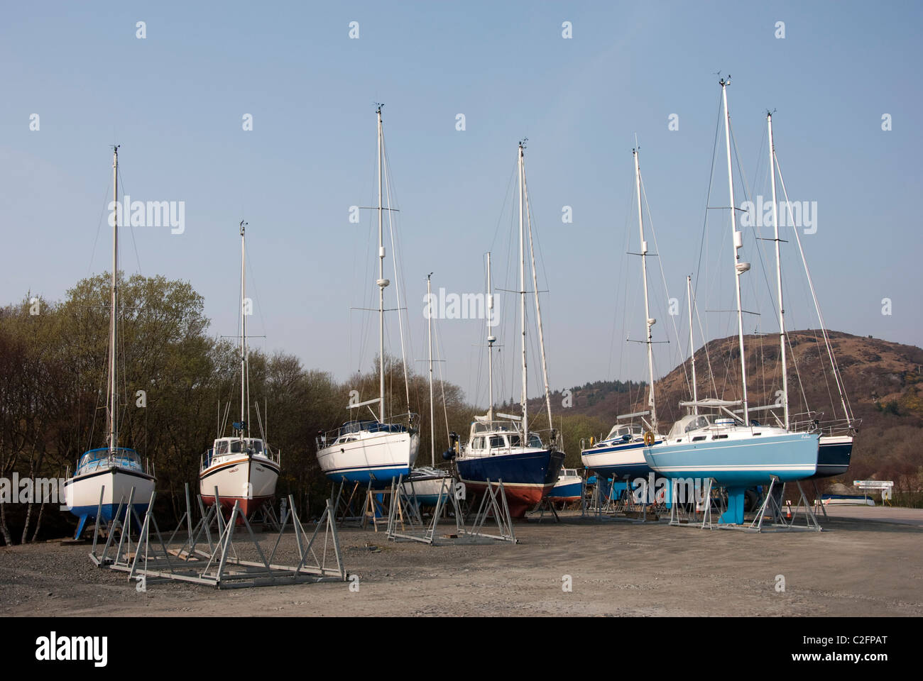 Dieci blu assortiti & Yacht bianco su culle Portavadie Marina Argyll & Bute Loch Fyne Scotland Regno Unito Regno Unito Foto Stock