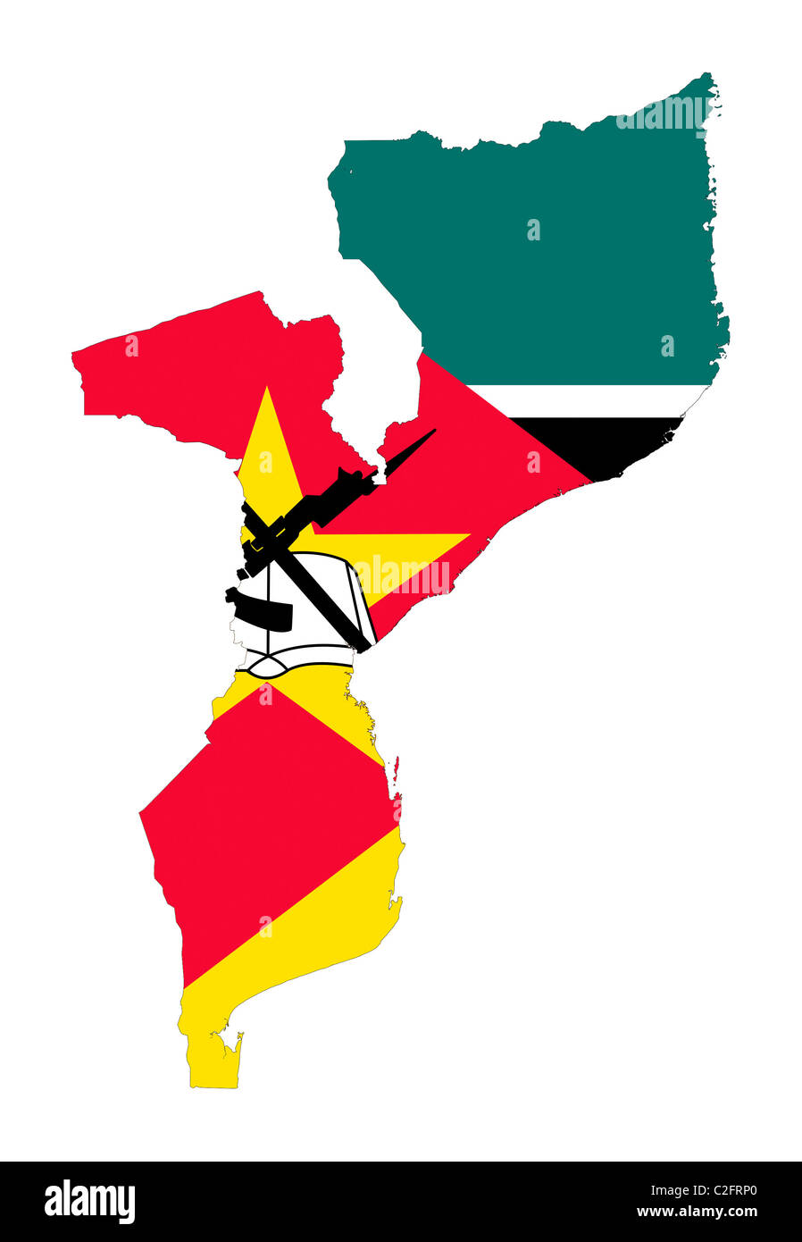 Illustrazione del Mozambico bandiera sulla mappa del paese; isolati su sfondo bianco. Foto Stock