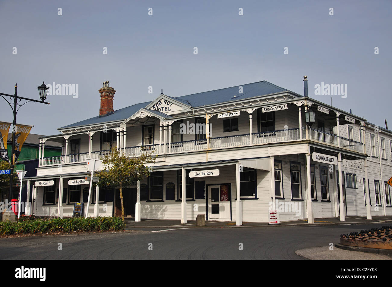 Centro storico di Rob Roy Hotel, Seddon Street, Waihi, Penisola di Coromandel, regione di Waikato, Isola del nord, Nuova Zelanda Foto Stock
