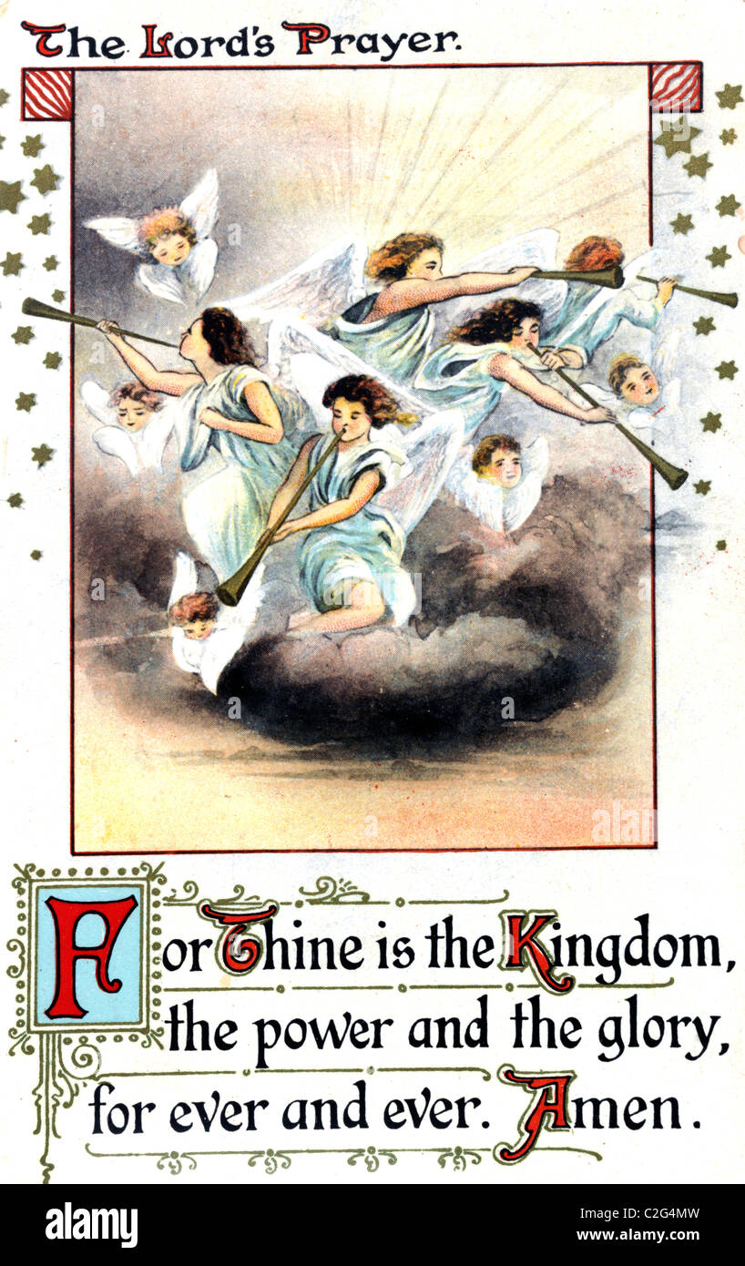 La preghiera del Signore su di una scheda di preghiera con illustrazione degli Angeli Foto Stock