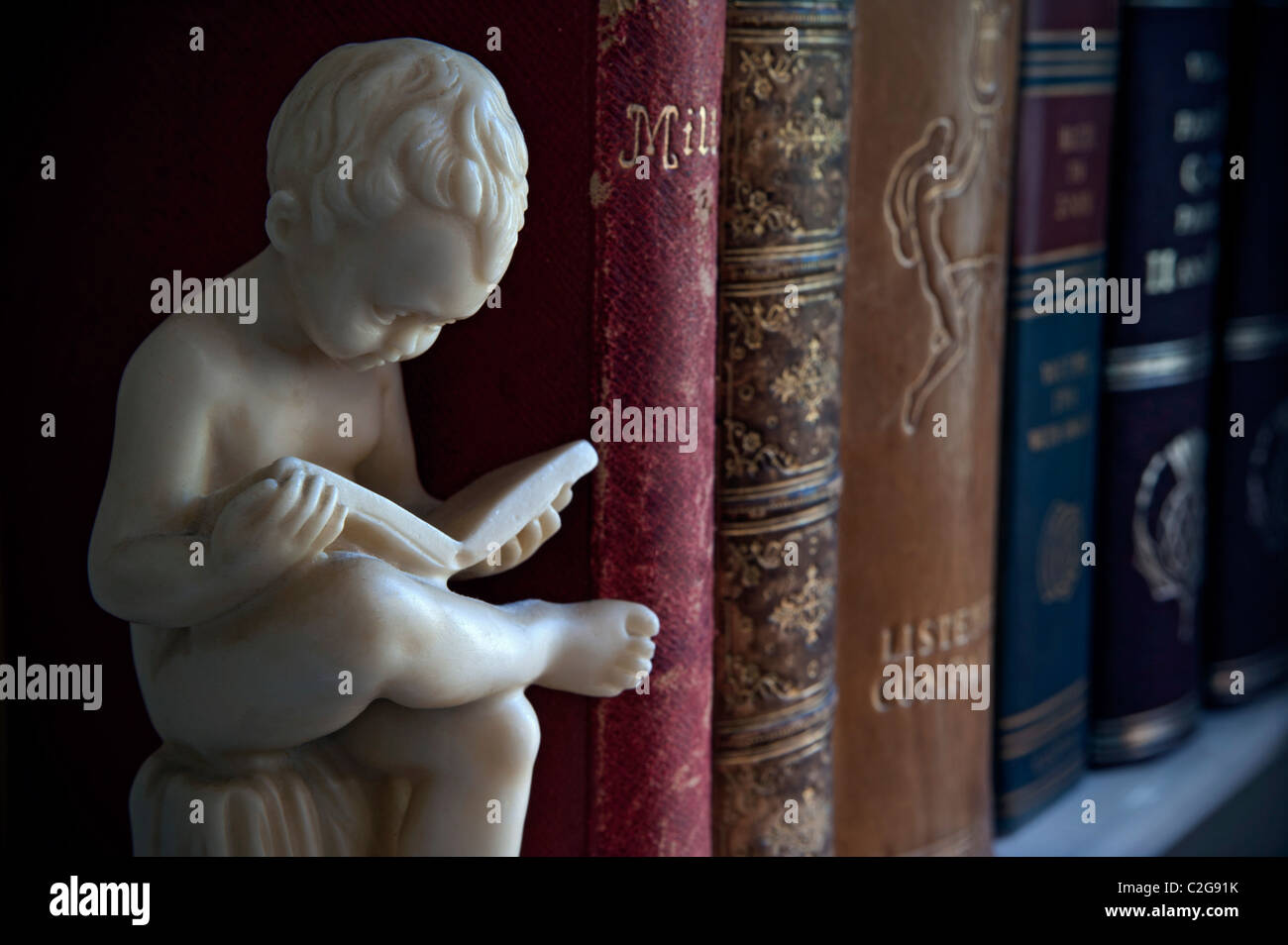 I libri della biblioteca di lettura dei classici ripiano statua del ragazzo accanto a classici rilegati in pelle libri storici tra cui John Milton poetica del paradiso perduto Foto Stock