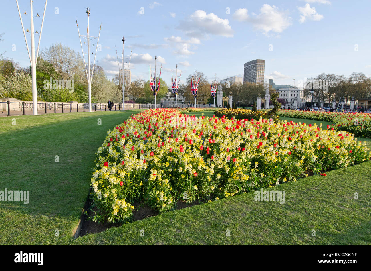 Molla di formale di biancheria da letto di fiori piante. Al di fuori del Palazzo di Buckingham Foto Stock