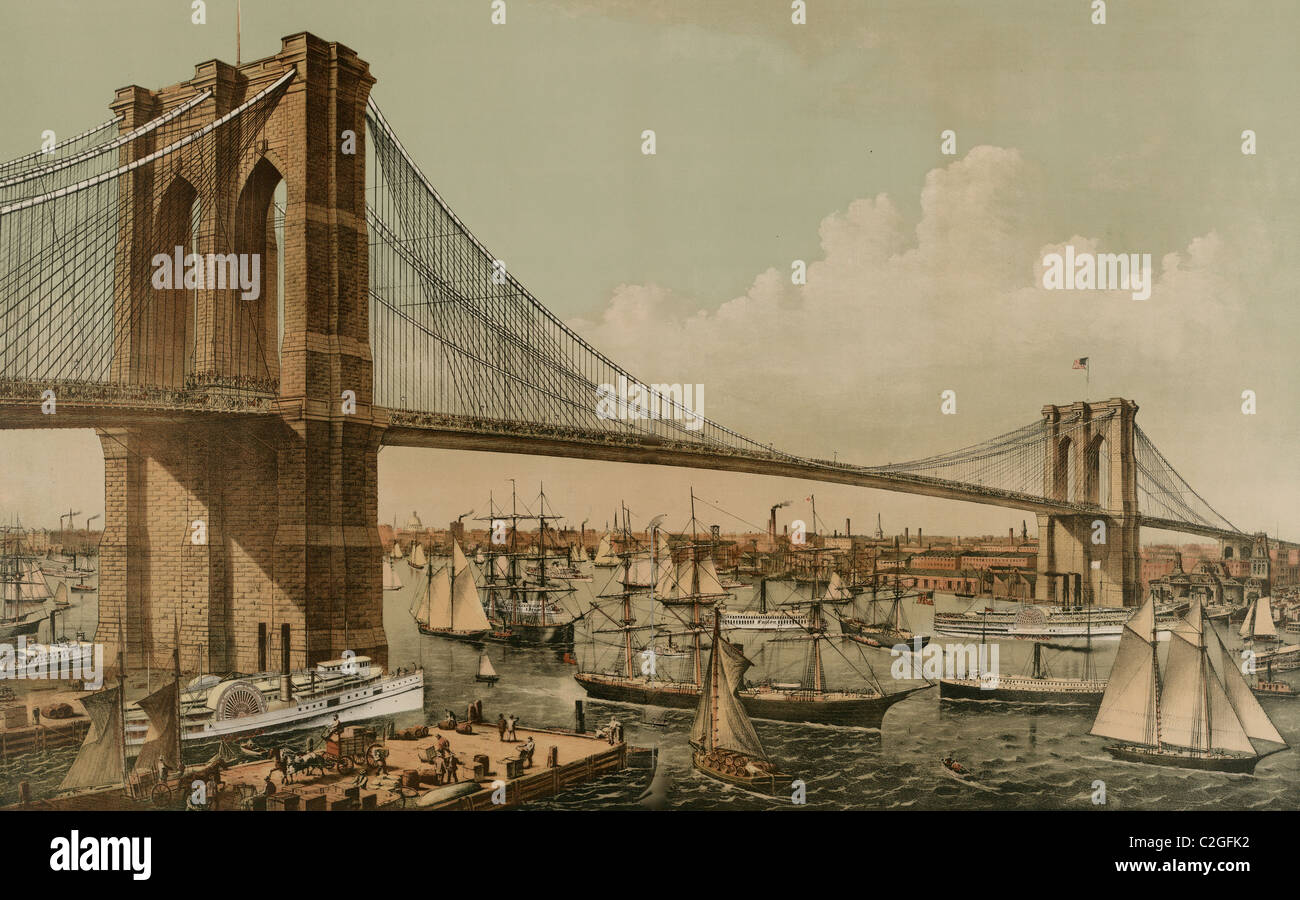 Il grande fiume est ponte di sospensione. Collegamento della città di New York e a Brooklyn. Da New York guardando verso sud-est Foto Stock