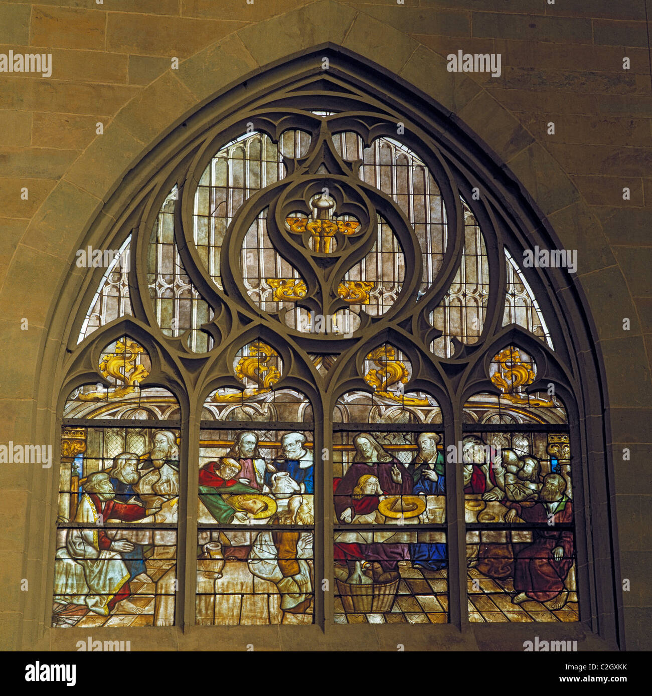 Kirchenfenster 'Westfaelisches Abendmahl' in der Wiesenkirche von Soest, Ostwestfalen, Renania settentrionale-Vestfalia Foto Stock